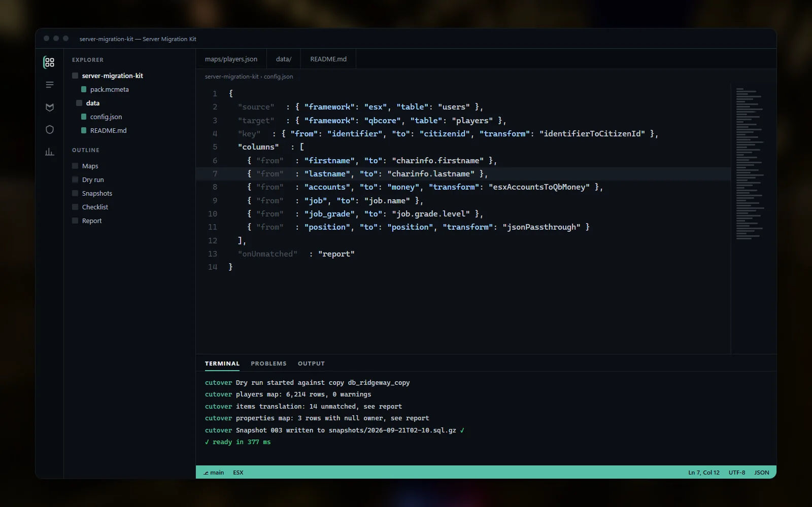 Migration tool script open in the editor with a dry-run report in the terminal listing row counts, unmatched items and warnings per table