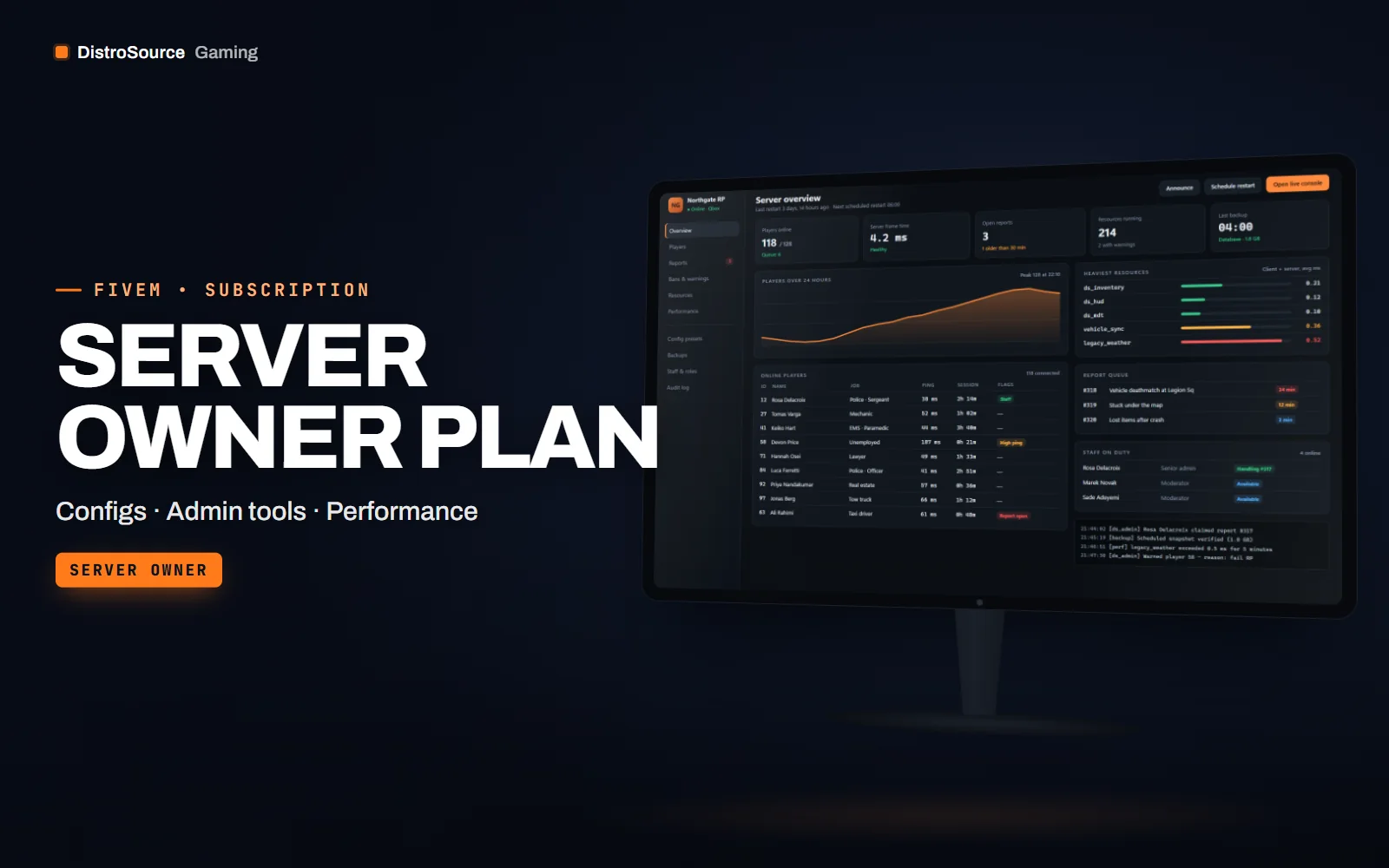 Server operations dashboard showing online players, reports and resource timings