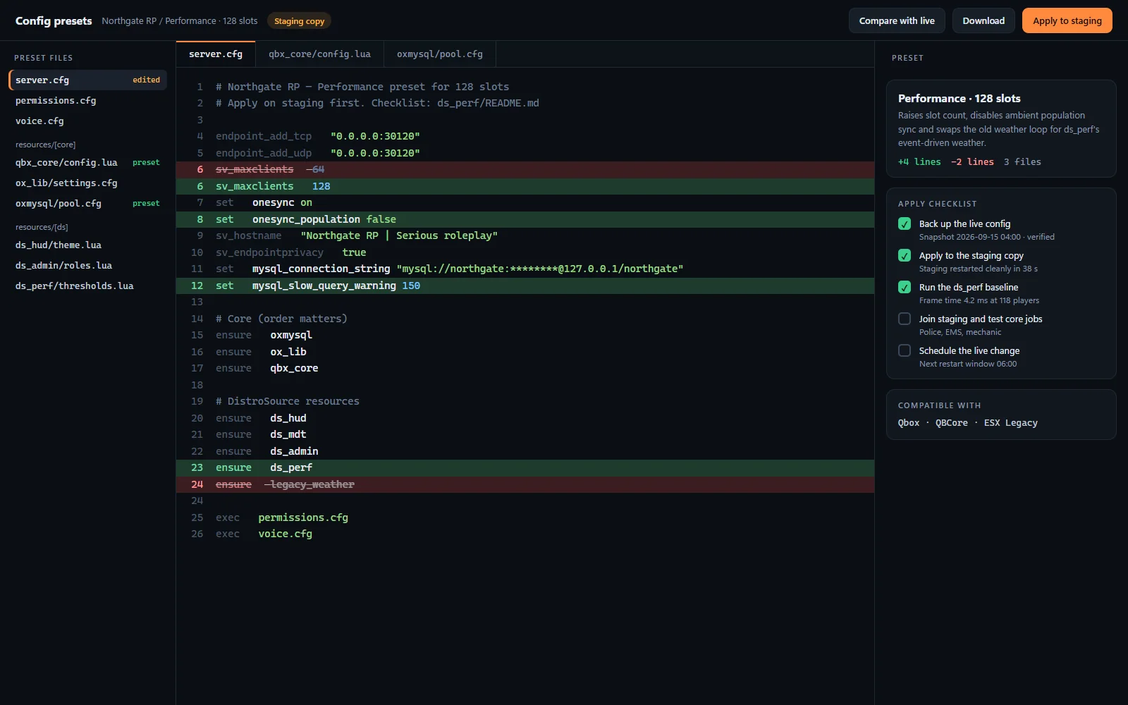 Configuration preset editor with server.cfg and framework settings