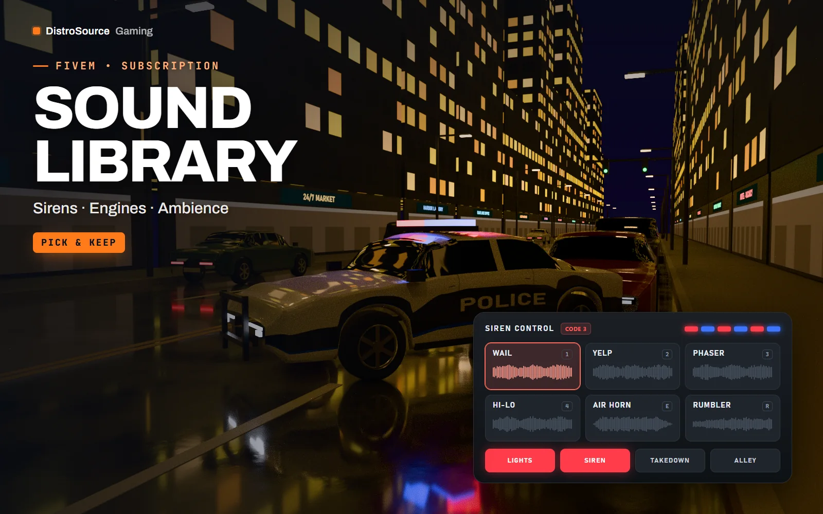 Siren control panel with wail, yelp and phaser tones over a patrol car at night