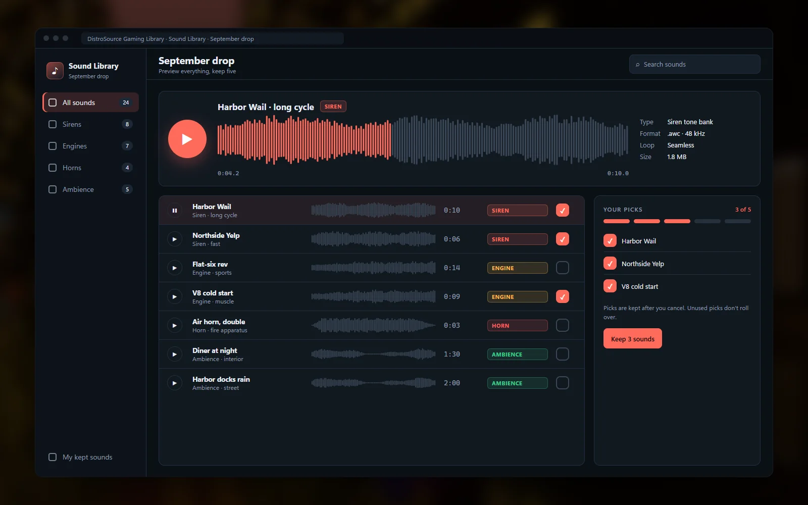 Sound browser with waveforms for siren, engine and ambience sounds