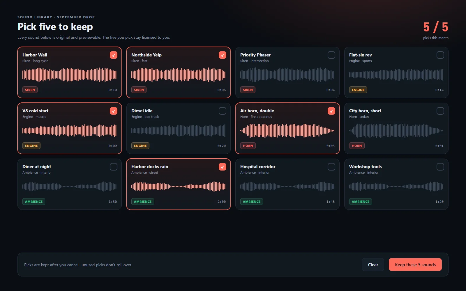 Monthly sound drop with five picks selected