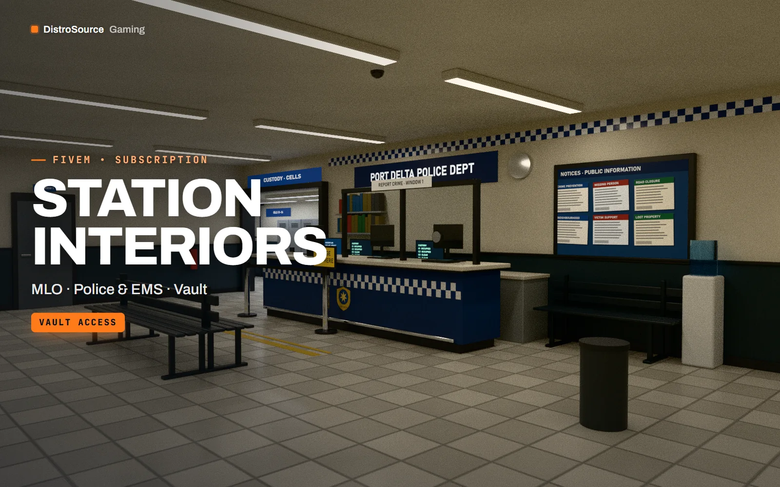 Police station lobby and booking desk with a counter, holding bench, notice boards and overhead strip lighting