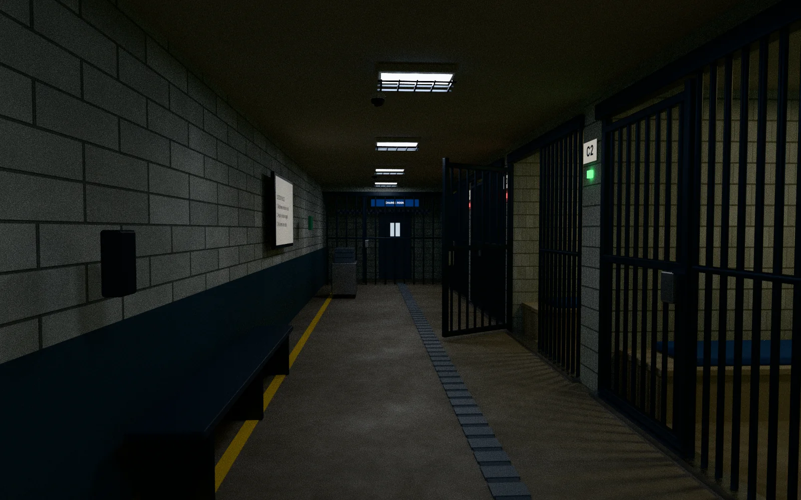 Cell block corridor with barred doors and a processing bench