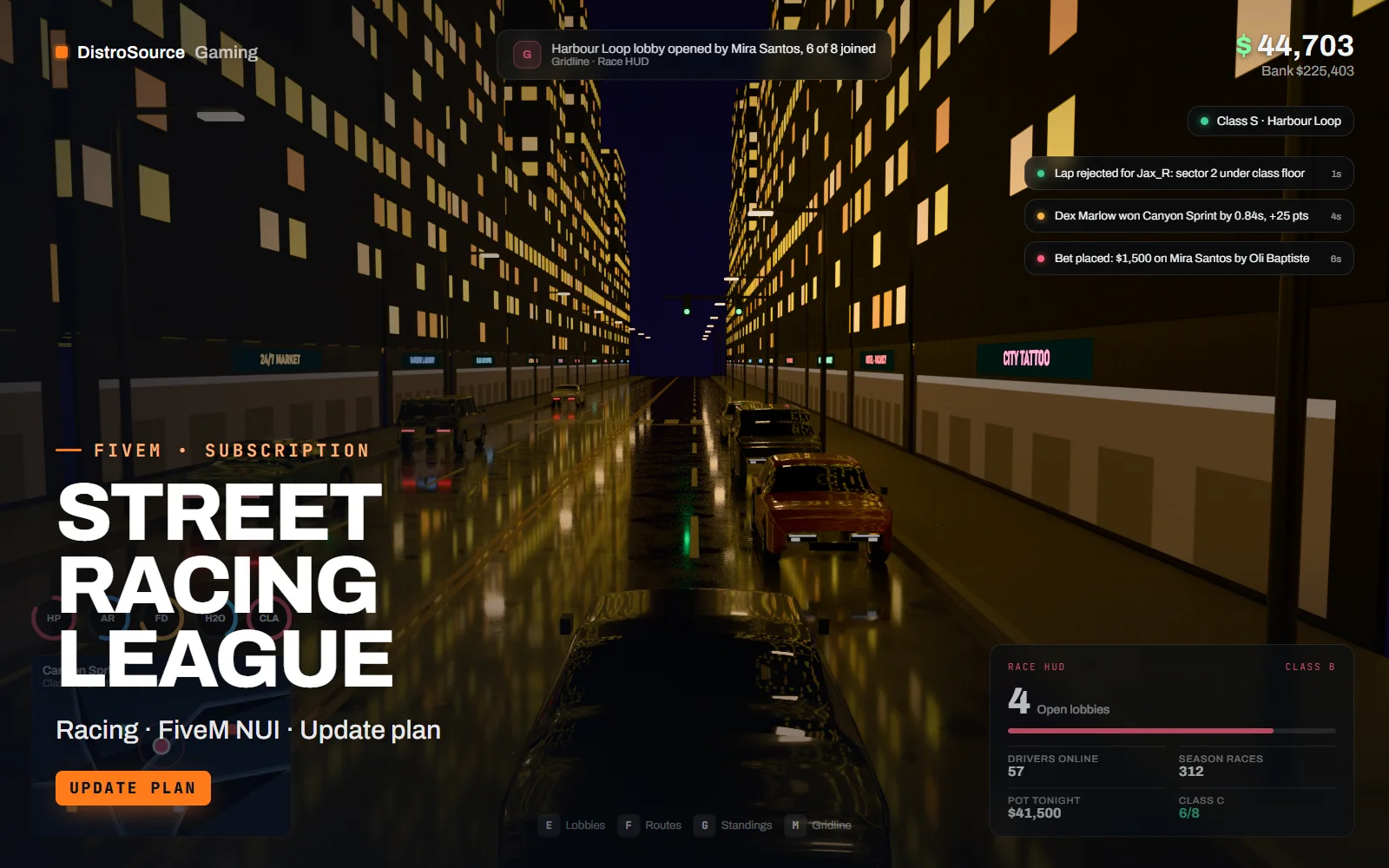 Racing HUD over a night street with position, lap count, split time, next checkpoint marker, a minimap route and a lobby notification