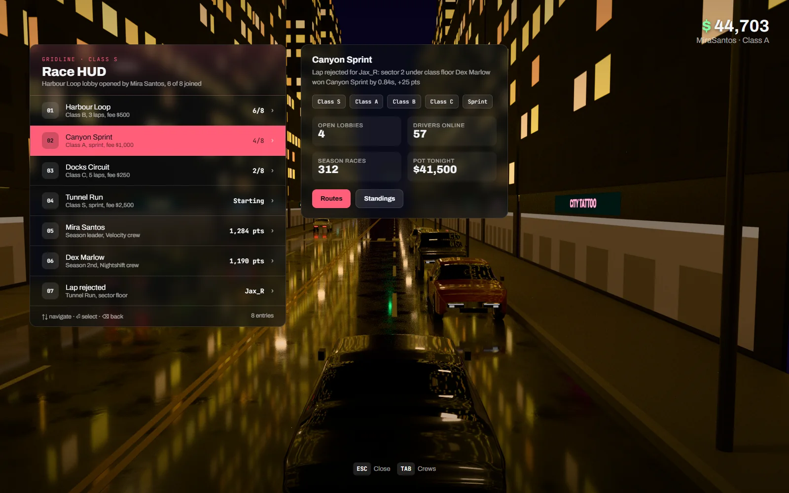 In-game menu listing open race lobbies with route name, class, entry fee, drivers joined and countdown, and tabs for routes and standings