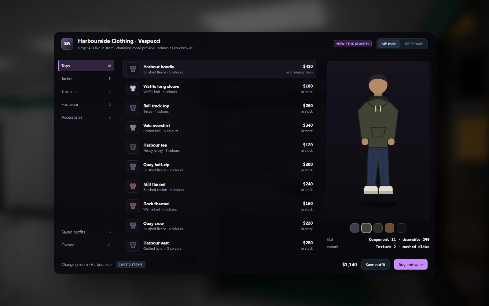 In-game clothing store menu filled with the month's drop