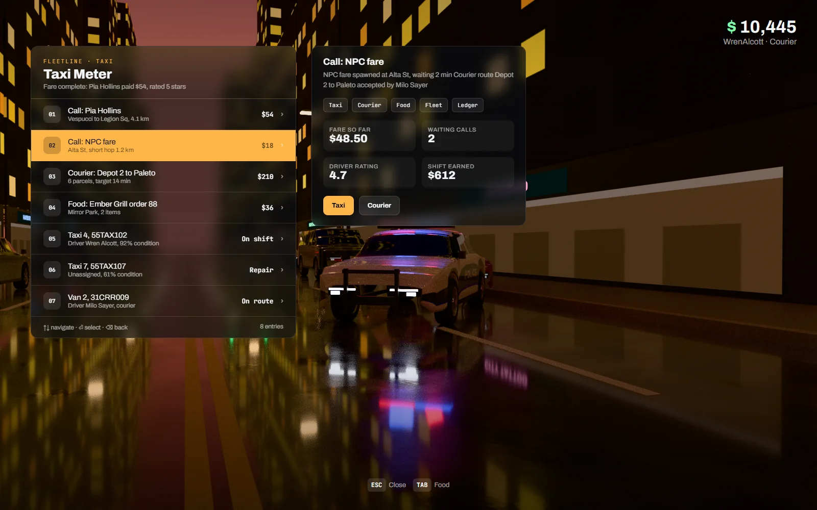 In-game dispatch menu listing taxi calls, courier routes and food orders with distance, fee and time target for each, over a city street