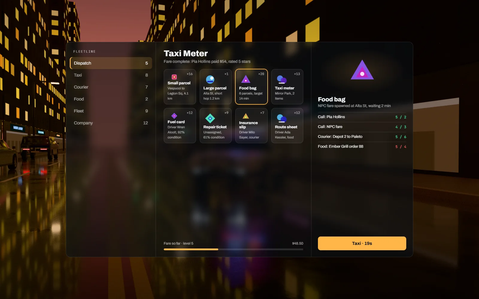 End-of-shift panel showing jobs completed, earnings, company cut, fuel cost and the driver's rating change, over a taxi rank