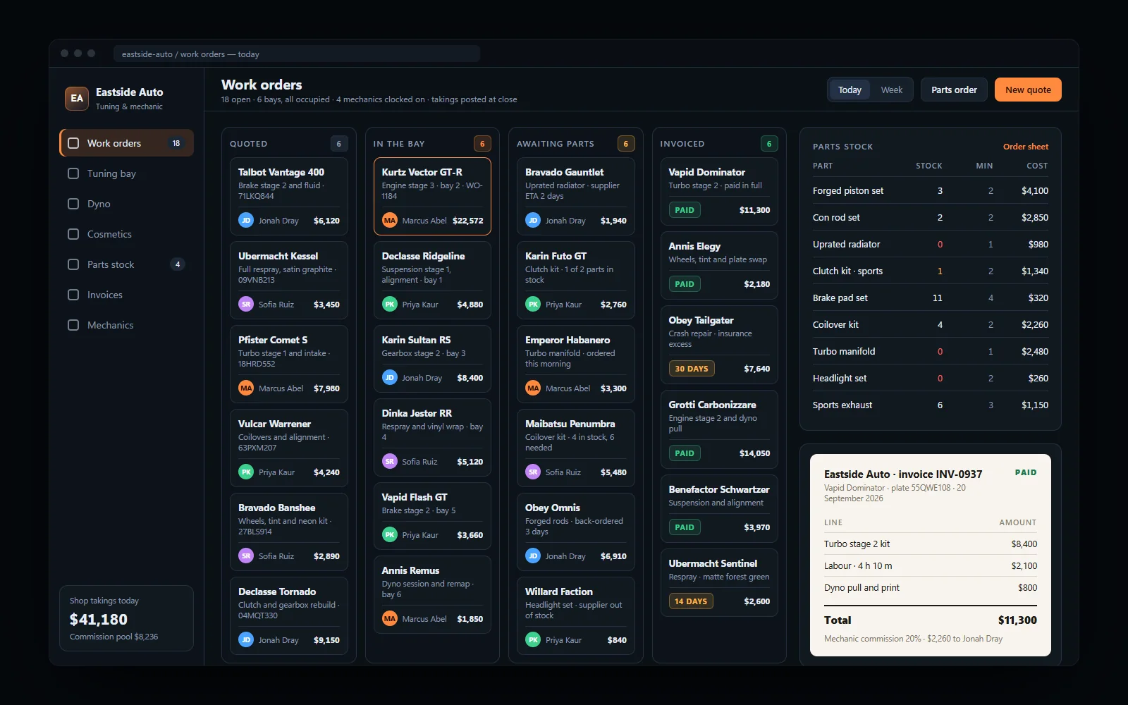 Work-order board with quotes, assigned mechanics, parts stock and invoices
