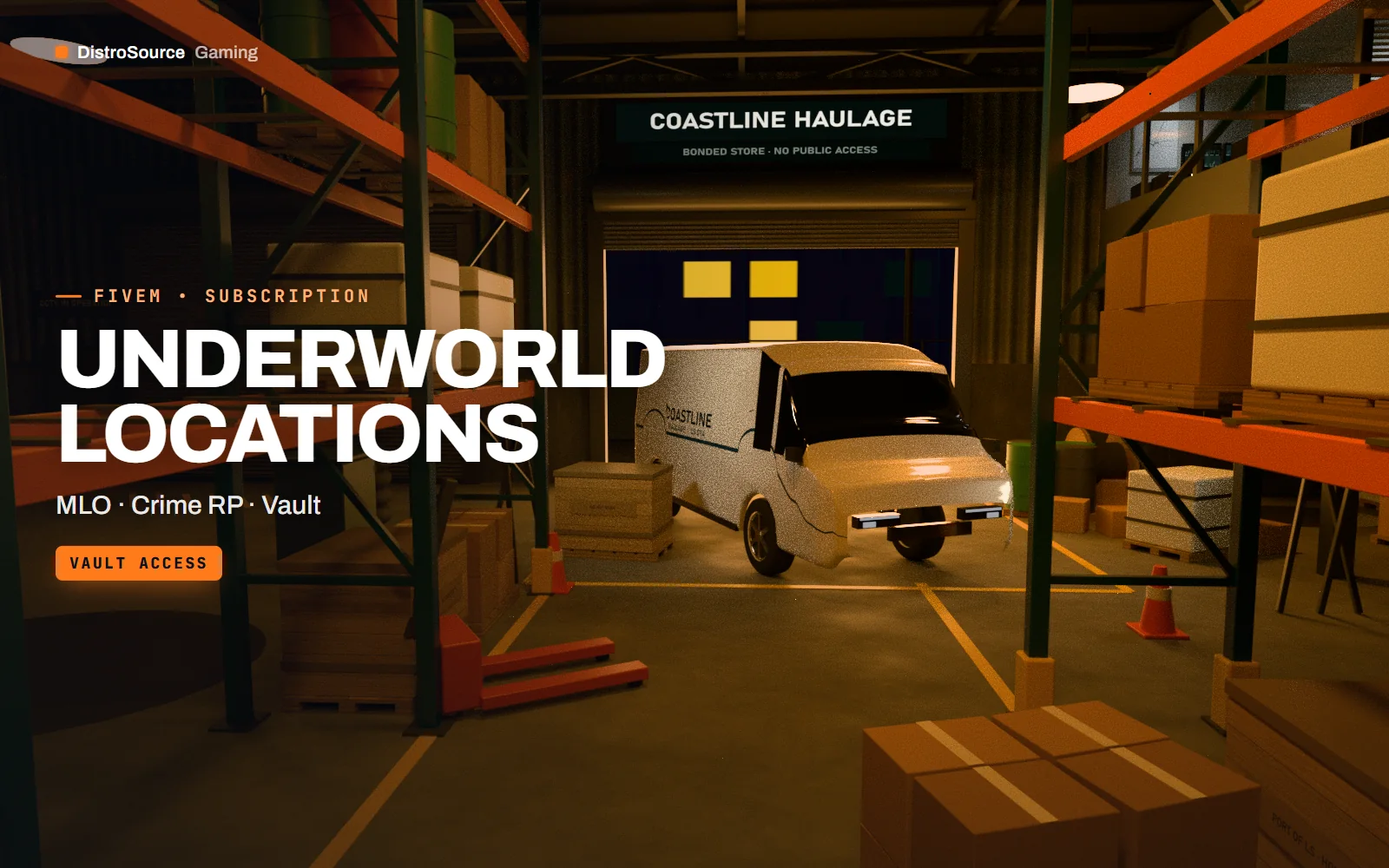 Warehouse loading bay with crates, a forklift, a mezzanine office above and a part-open shutter