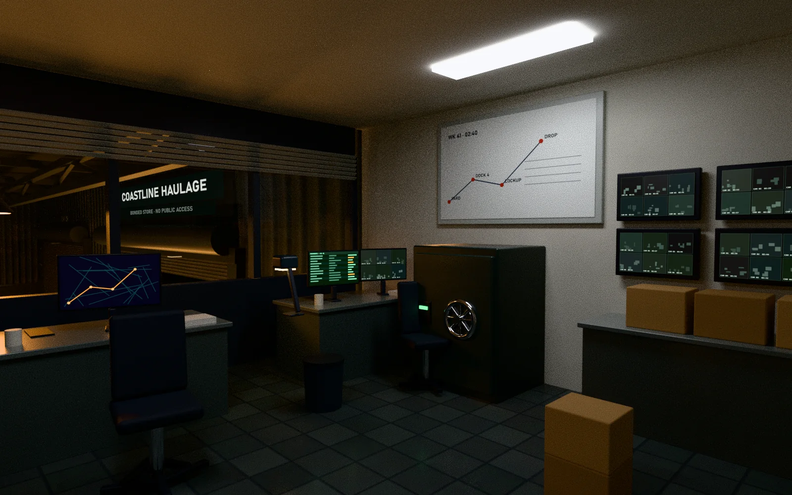 Back office with a safe, counting table, monitor wall and closed blinds