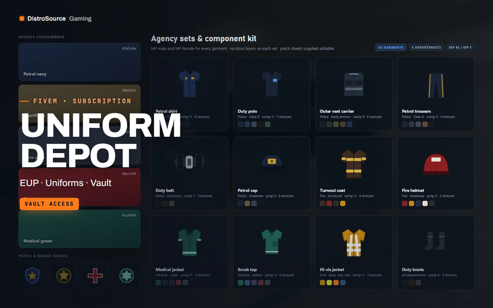 Uniform catalogue showing police, fire and EMS sets with colourways and patch swatches