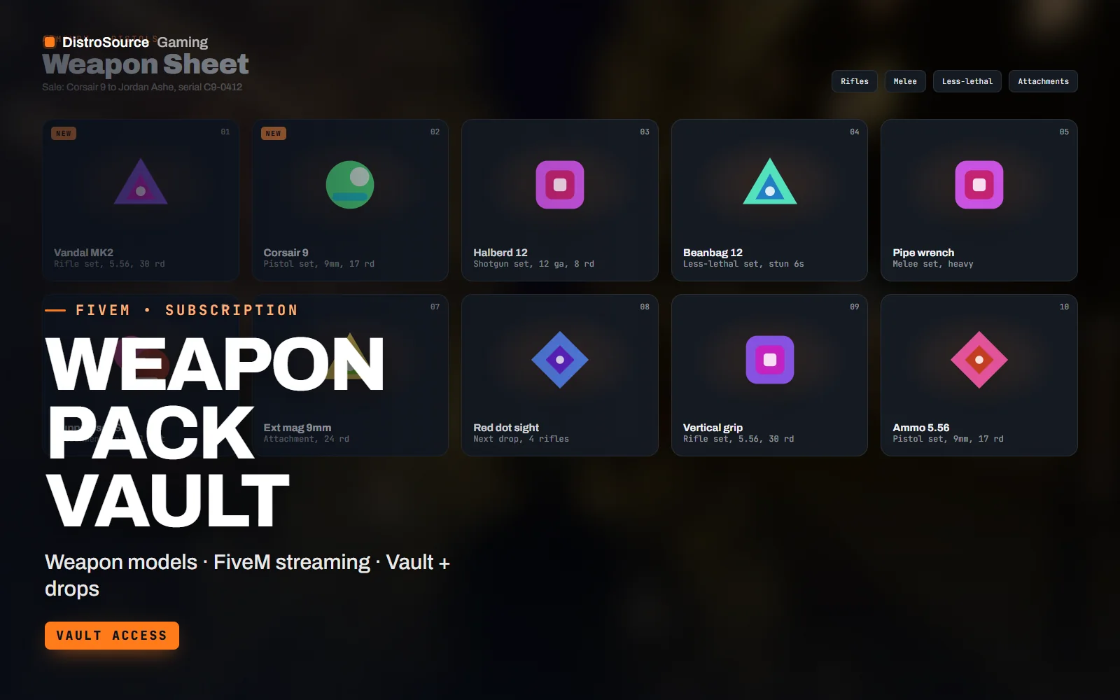 Asset sheet grid of weapon tiles with pistols, rifles, a shotgun and melee items, each labelled with its name and set, over a dark HUD backdrop