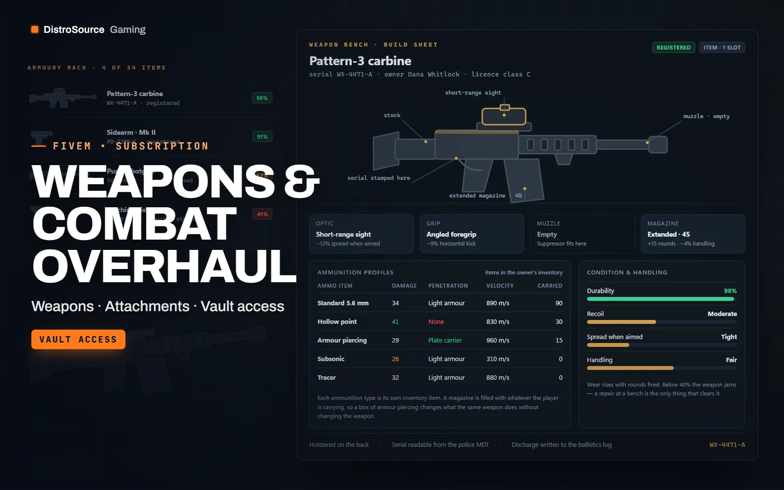 Armourer's bench board with a weapon card, fitted attachments, a durability bar and ammo profiles
