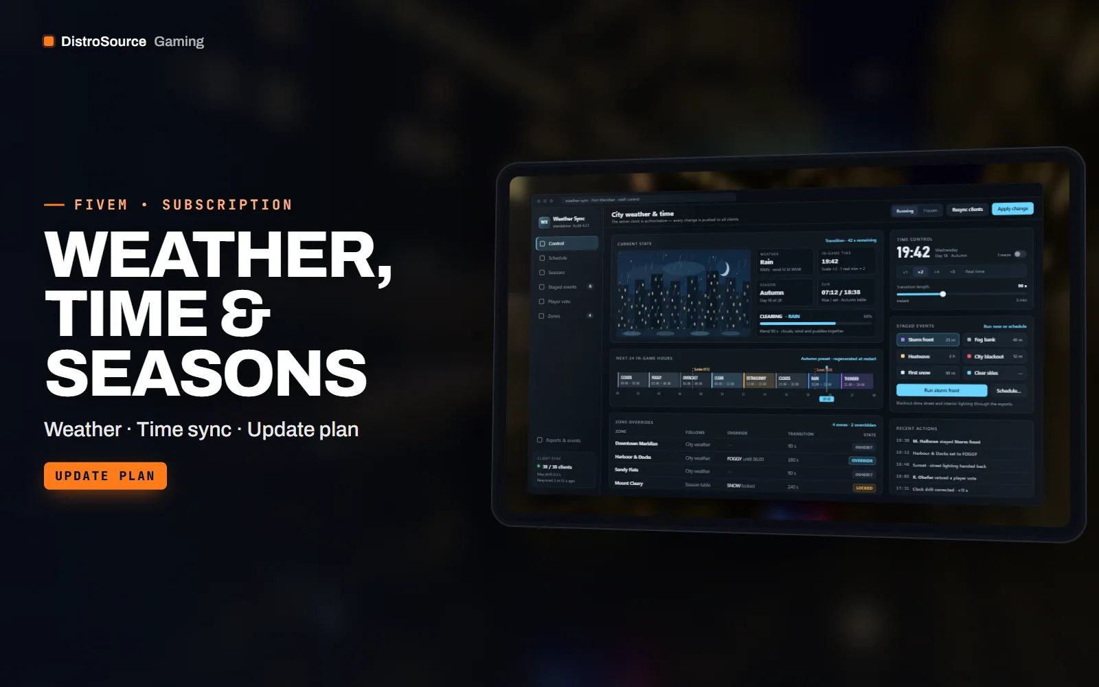 Weather control panel showing the current sky state, a transition slider and event buttons