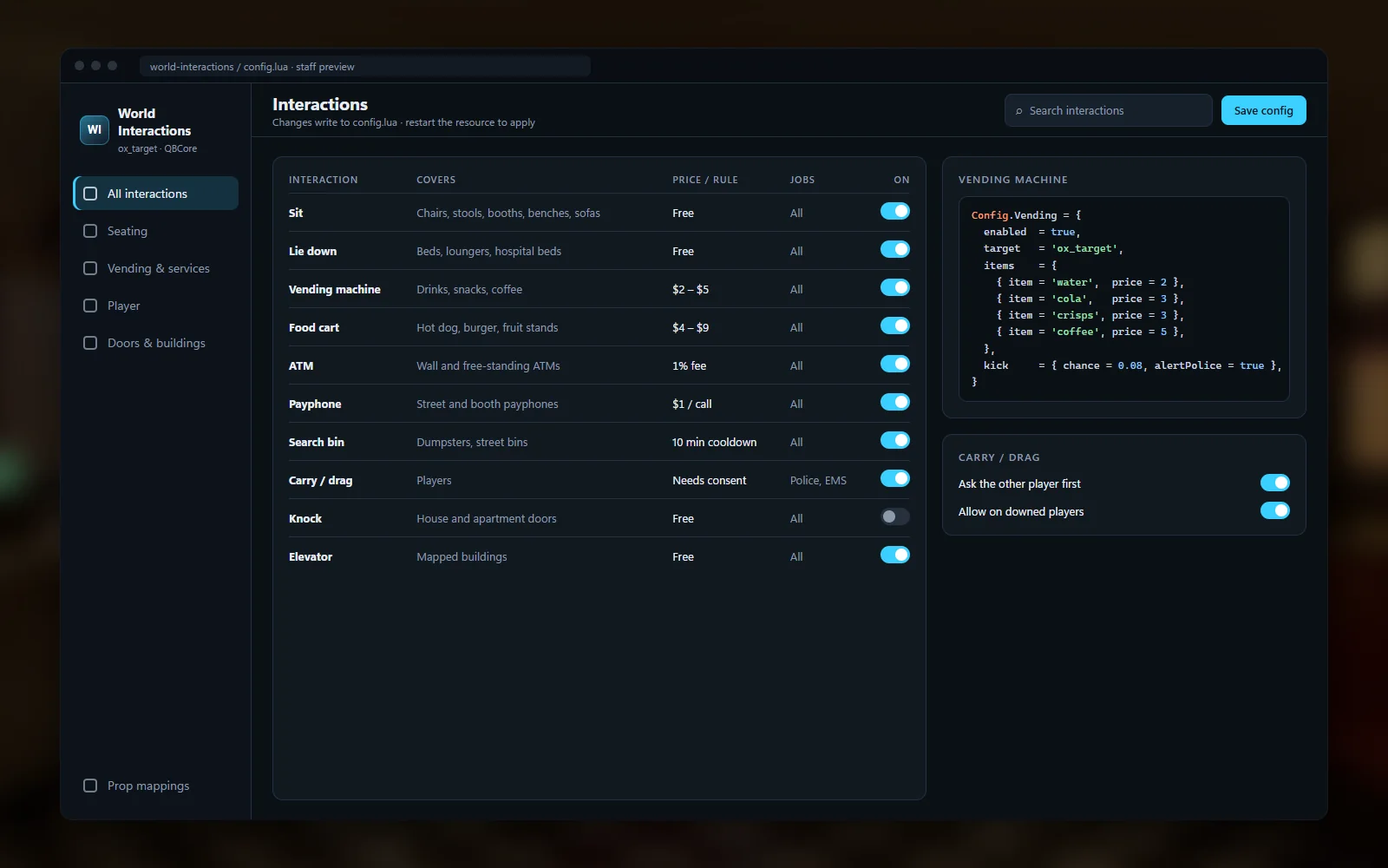 Interaction config with toggles, prices and job restrictions