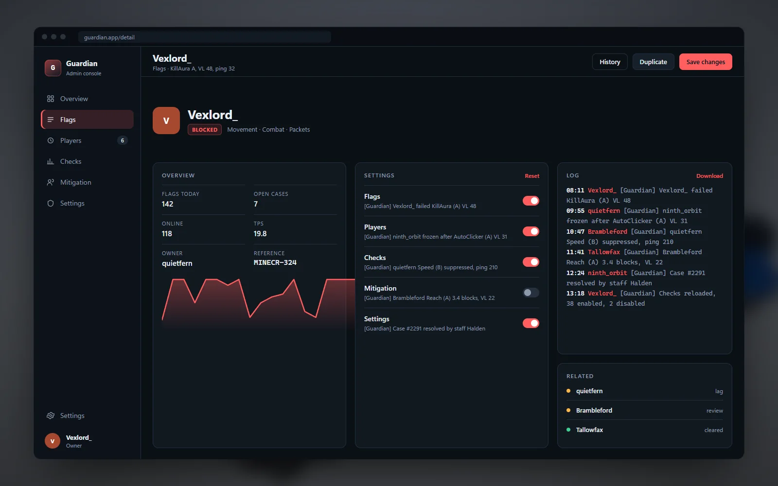 One flagged player record with the check thresholds, mitigation settings and a replay log of the ticks around the flag