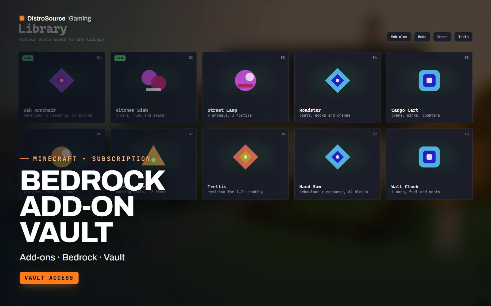 Asset sheet showing a grid of Bedrock add-on tiles, each labelled with its pack name, format version and a small render of the furniture, vehicle or mob it adds