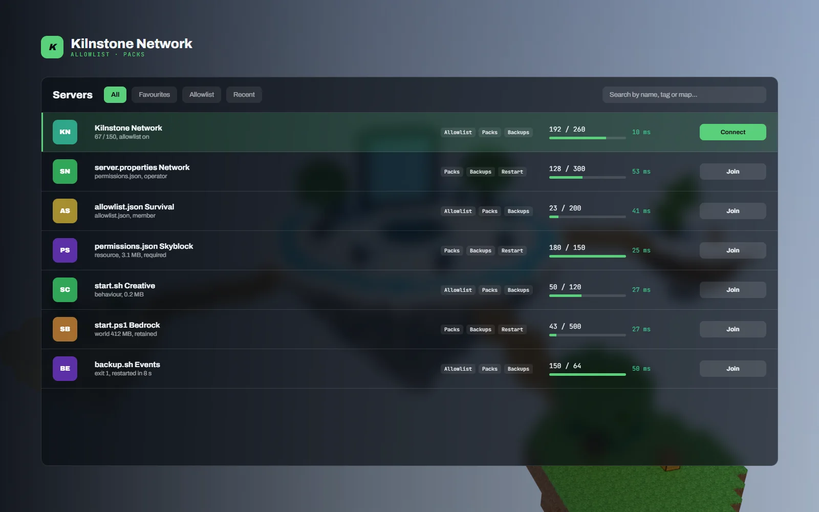 Server browser list showing named Bedrock servers with player counts, version, ping and an allowlist badge for the community server