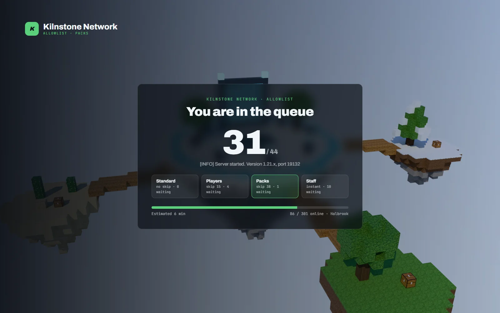 Queue screen listing member, builder and operator tiers with positions and the reason the allowlist is holding a player