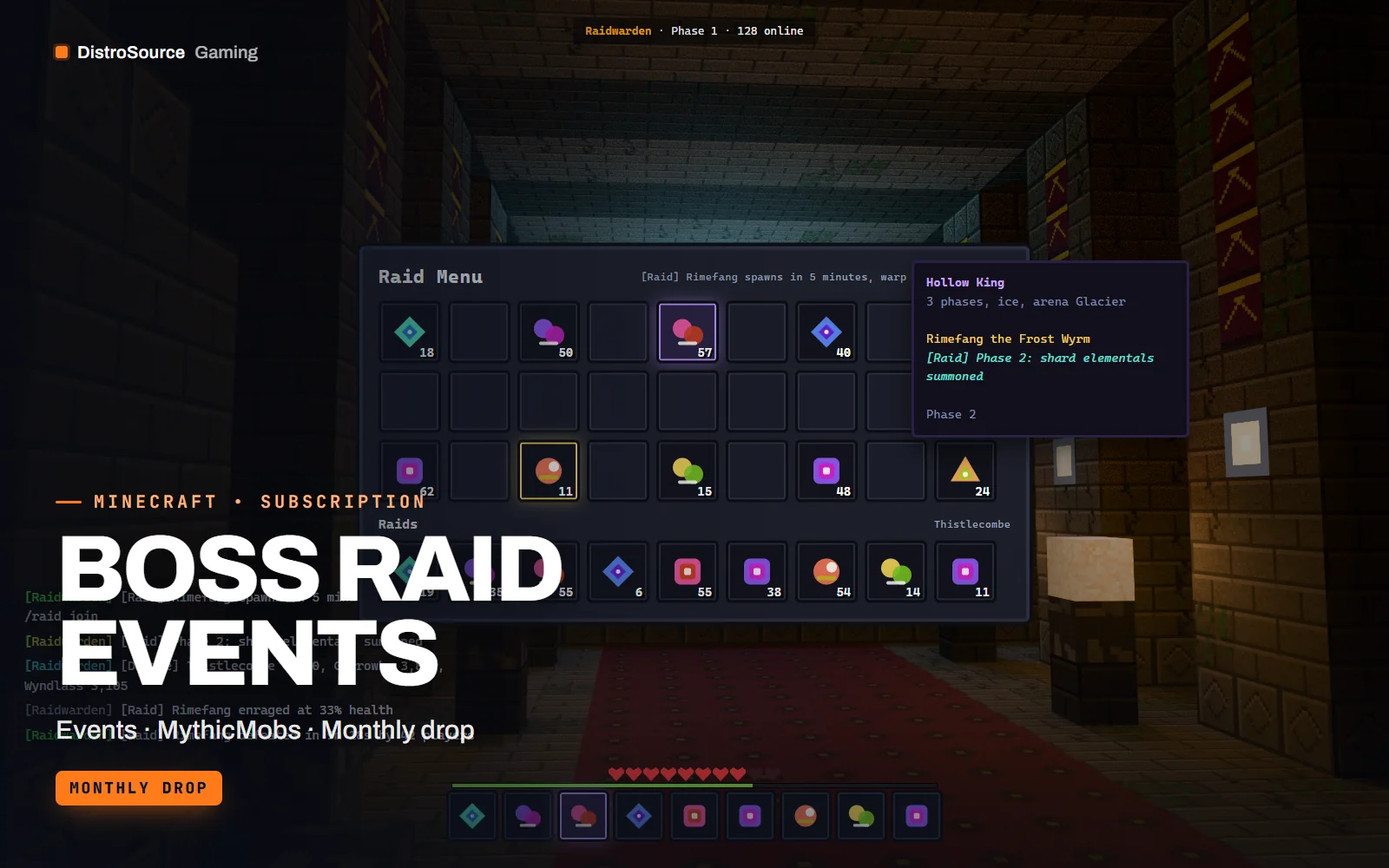 Chest-style raid menu over a dungeon arena listing the next boss, countdown, arena rules and three reward tiers with a join button