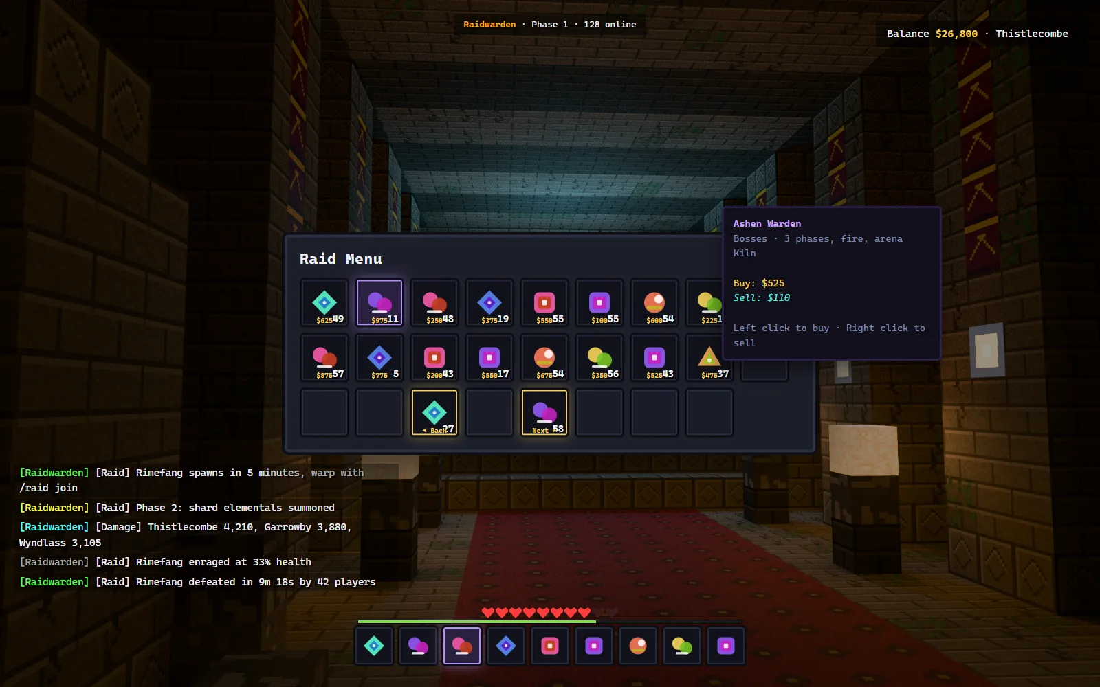 Reward shop GUI showing boss drops with contribution bracket prices, top-three bonus items and a token balance