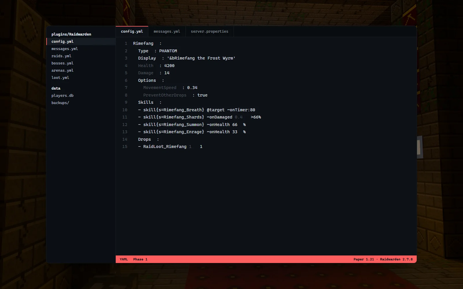 YAML boss configuration showing phases, health thresholds, abilities and loot table entries in an editor over the arena
