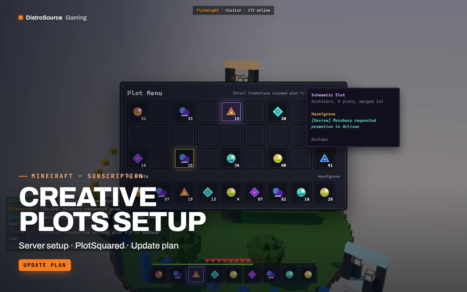 Chest-style plot menu over a parkour-style spawn hub showing plot rank, claimed plots, merge rights, schematic slots and a promotion request button