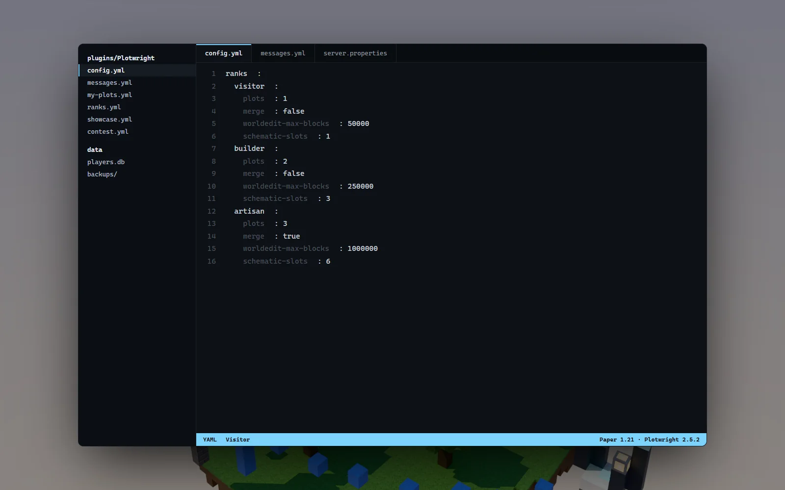 PlotSquared and WorldEdit limits configuration in YAML with per-rank selection sizes and plot counts shown in an editor over the hub