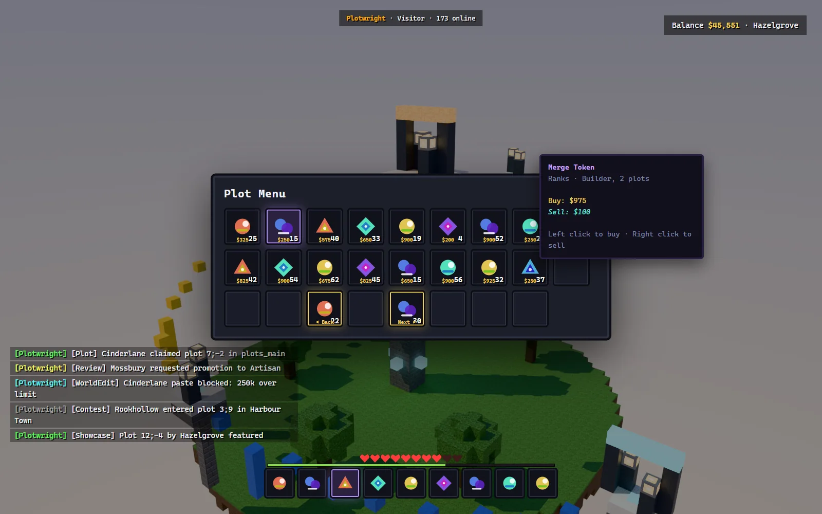 Showcase GUI listing featured plots with preview blocks, builder names, themes and teleport buttons alongside a competition entry slot