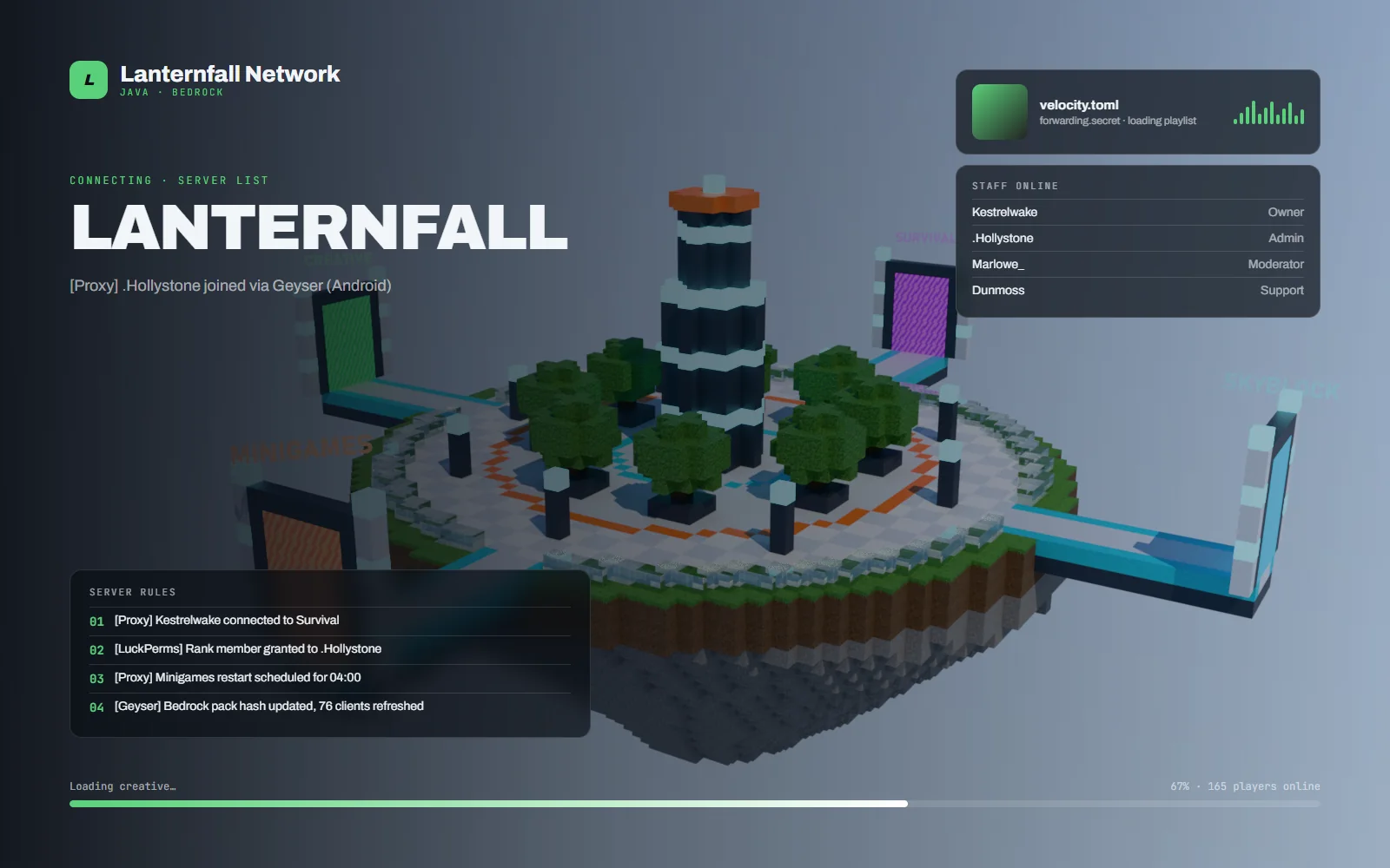 Loading screen with the network name, four short rules, a progress bar and a note that Bedrock players join through the same address