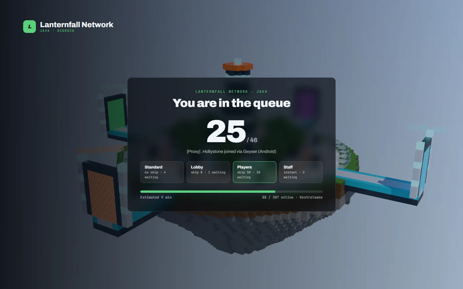 Queue screen showing the player's position, the estimated wait and the member and staff priority tiers above the lobby backdrop