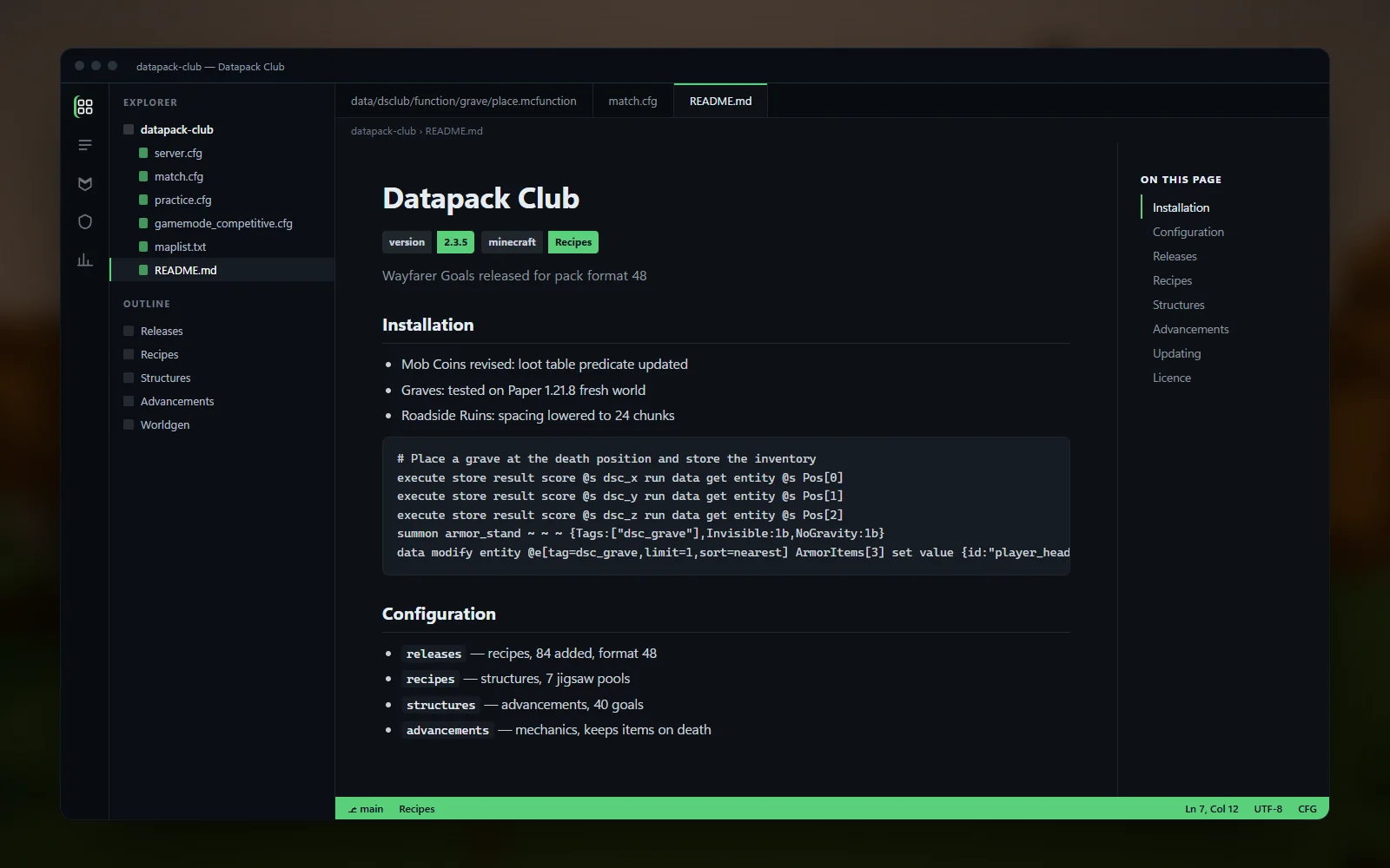 A README page for a structure datapack listing the pack format, the structures it adds, their spacing and the loot tables, with a compatibility section
