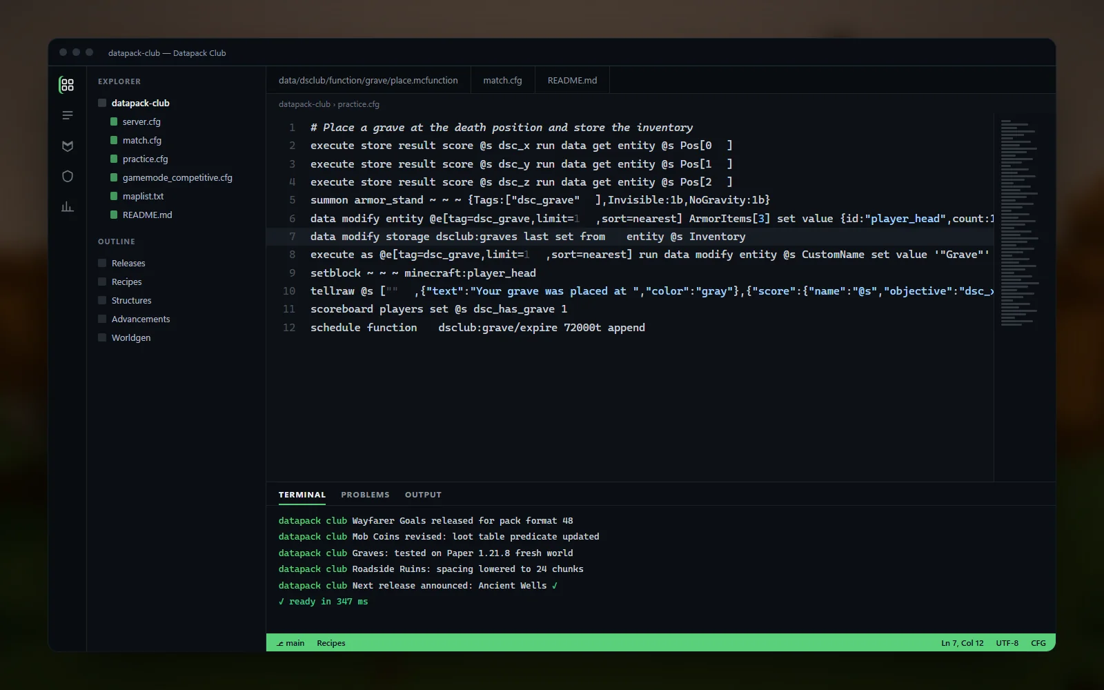 A function file open in the editor showing the mcfunction commands for a graves-on-death mechanic, with the file tree beside it