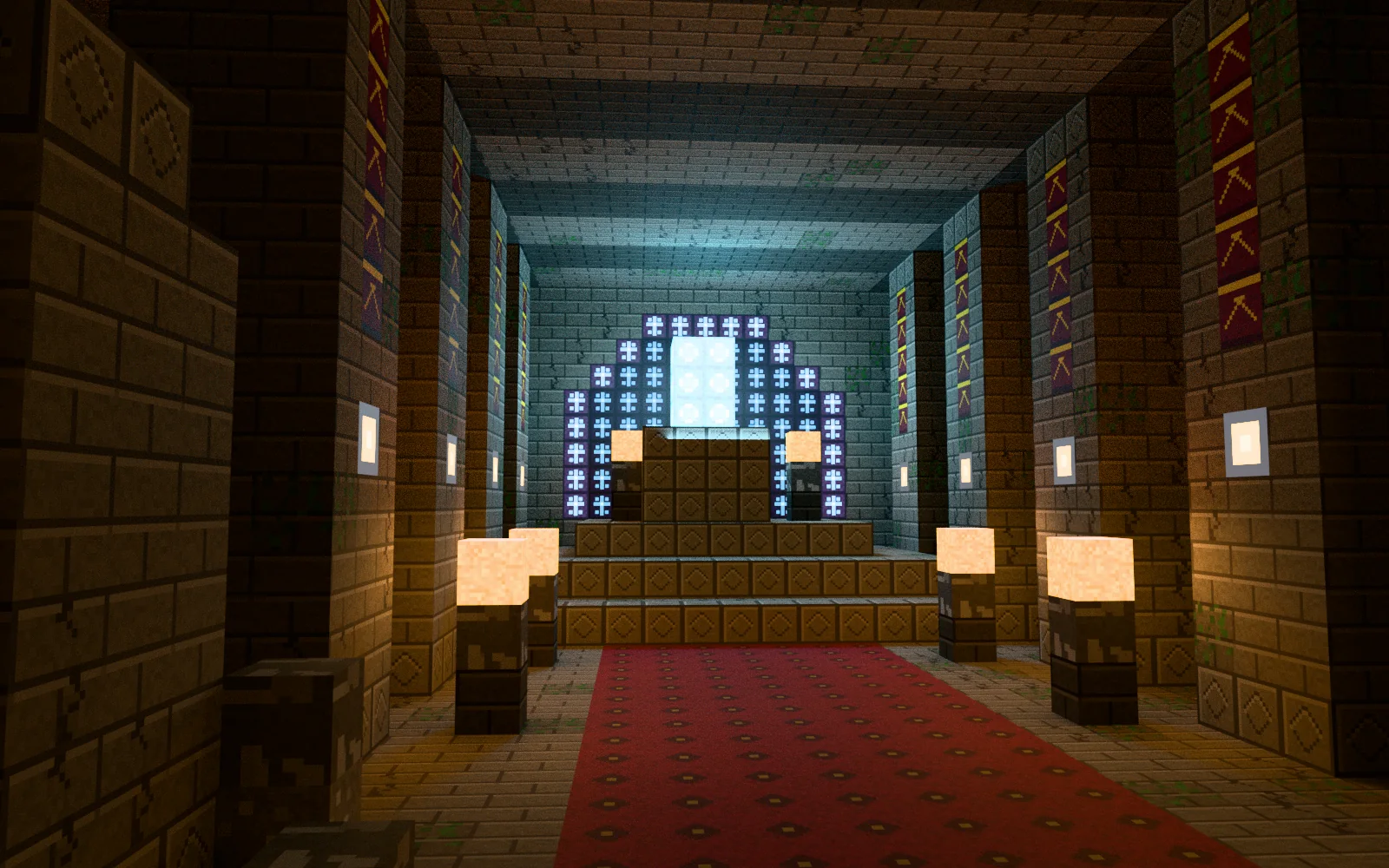 Boss arena from an elevated corner with arena bounds, pillars and the loot room entrance
