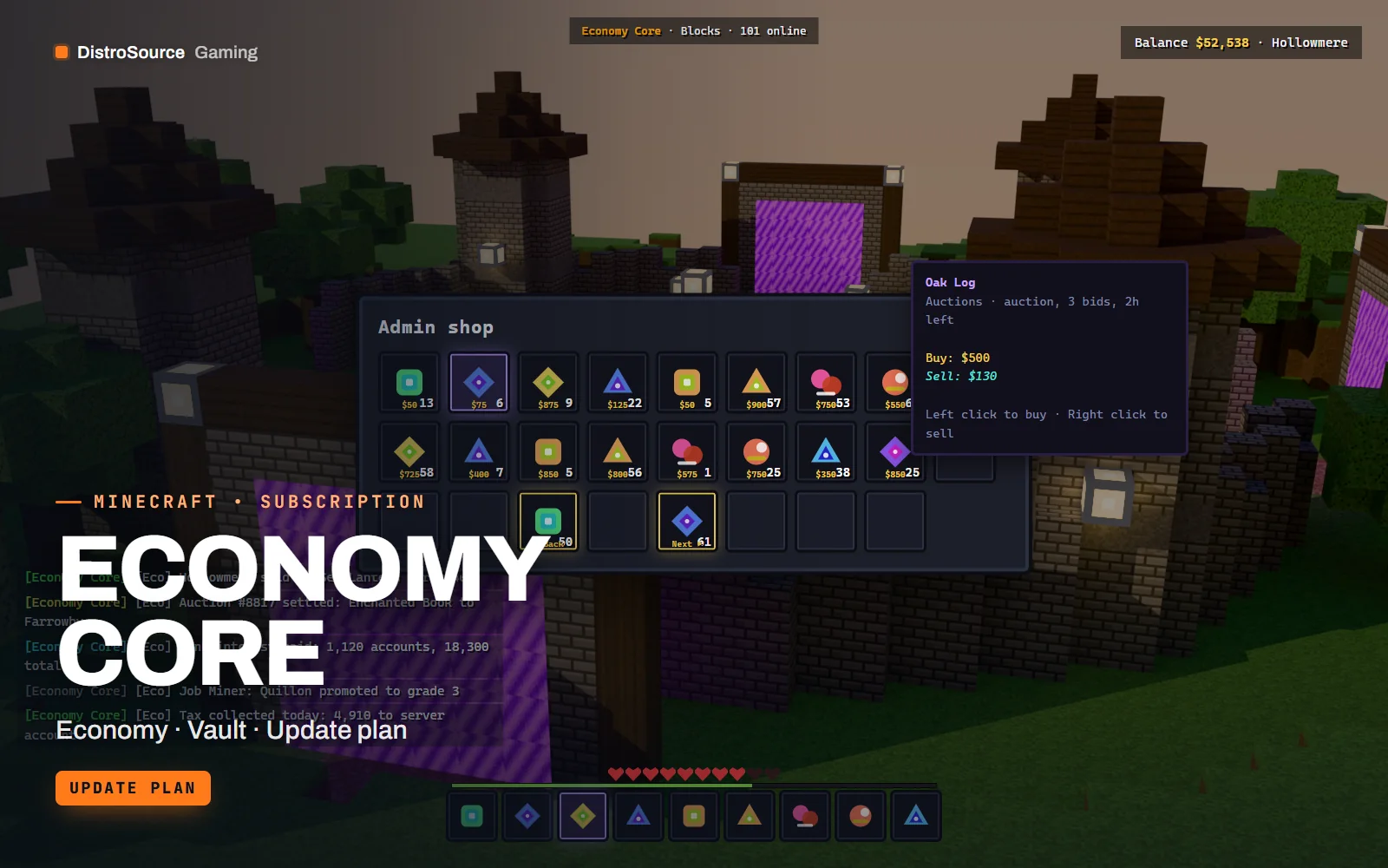 Minecraft chest-style shop GUI over a spawn plaza, with category tabs across the top and item slots showing buy and sell prices under each icon