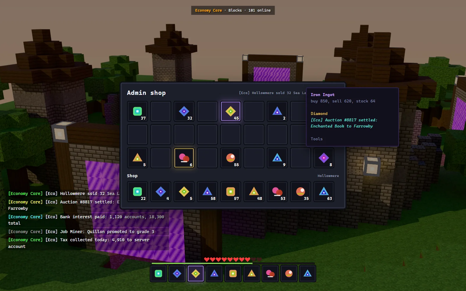 Chest-style economy menu listing balance, bank, jobs, auction house and shop rows, with a player's current job level shown beside each entry