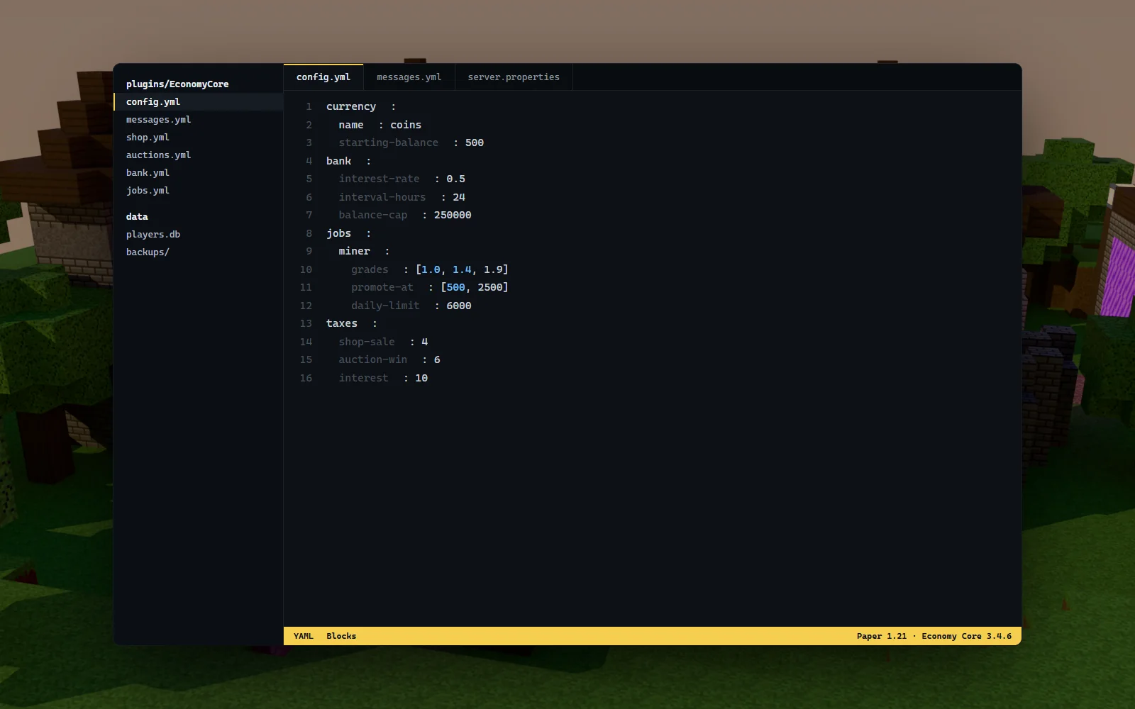 A YAML config open in an editor over the spawn backdrop, showing job pay grades, interest settings and tax percentages with comments