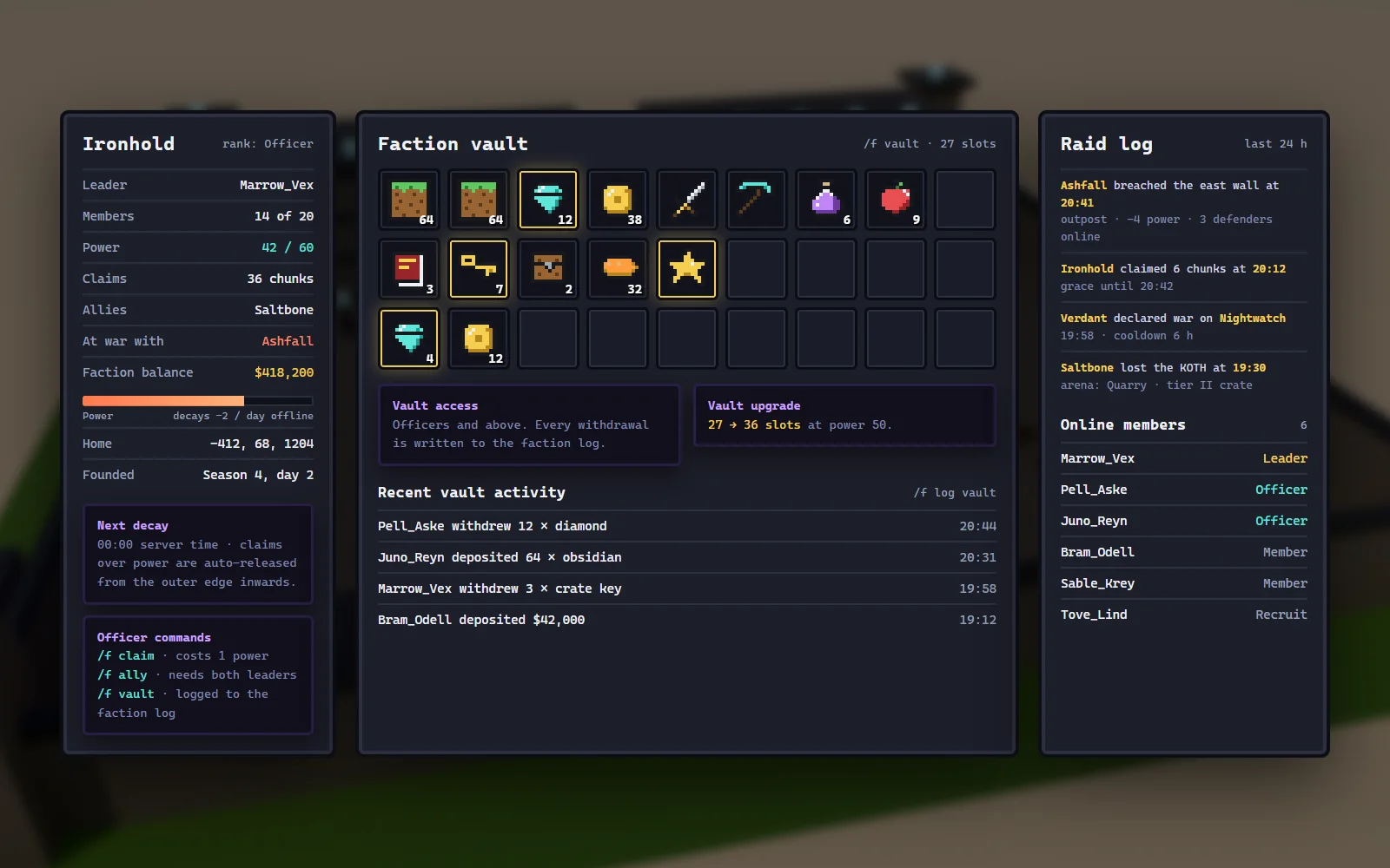 In-game faction menu showing members, power, claims, allies, the raid log and vault slots