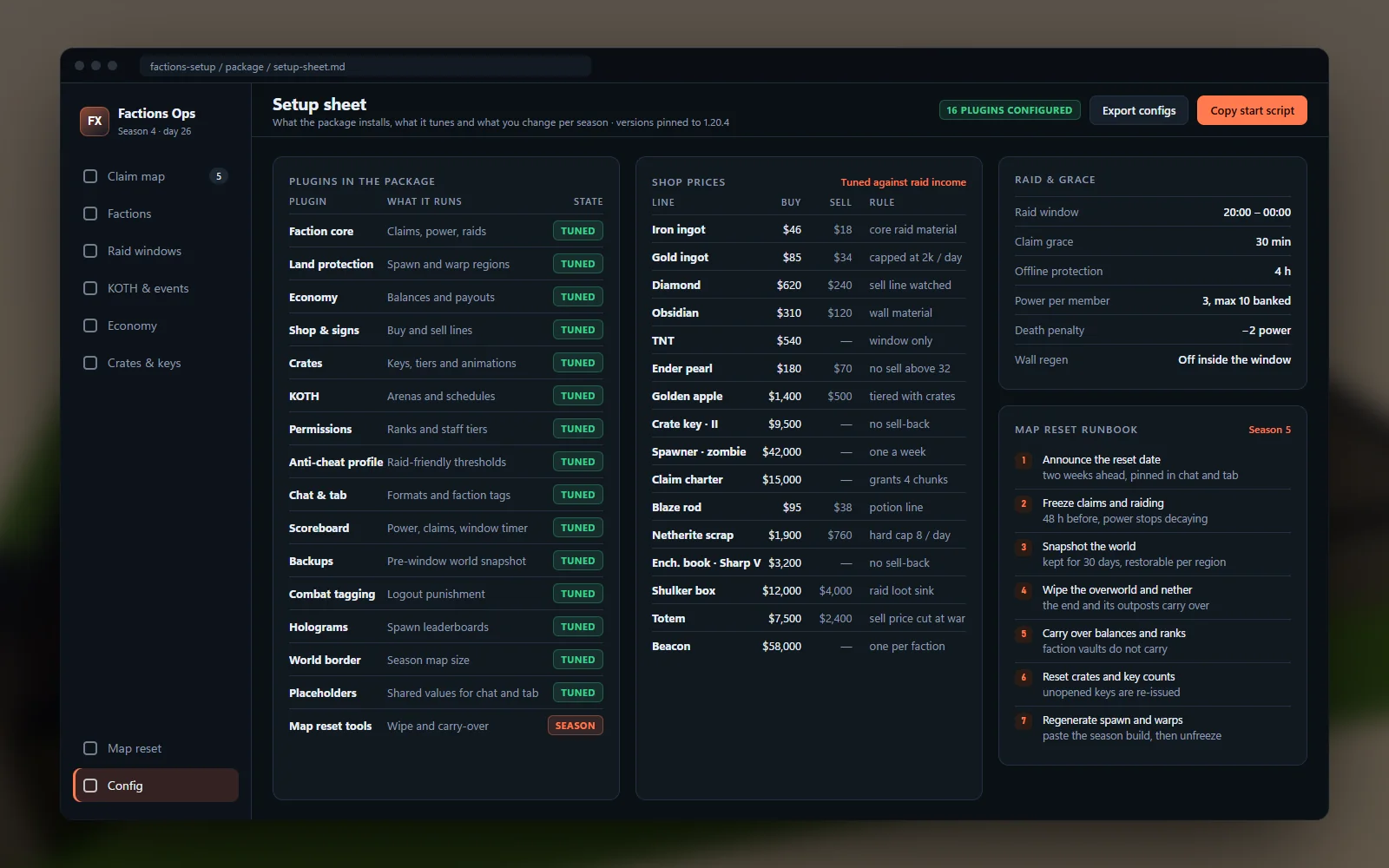 Setup sheet with the plugin list, shop price table, raid and grace settings and the map reset runbook