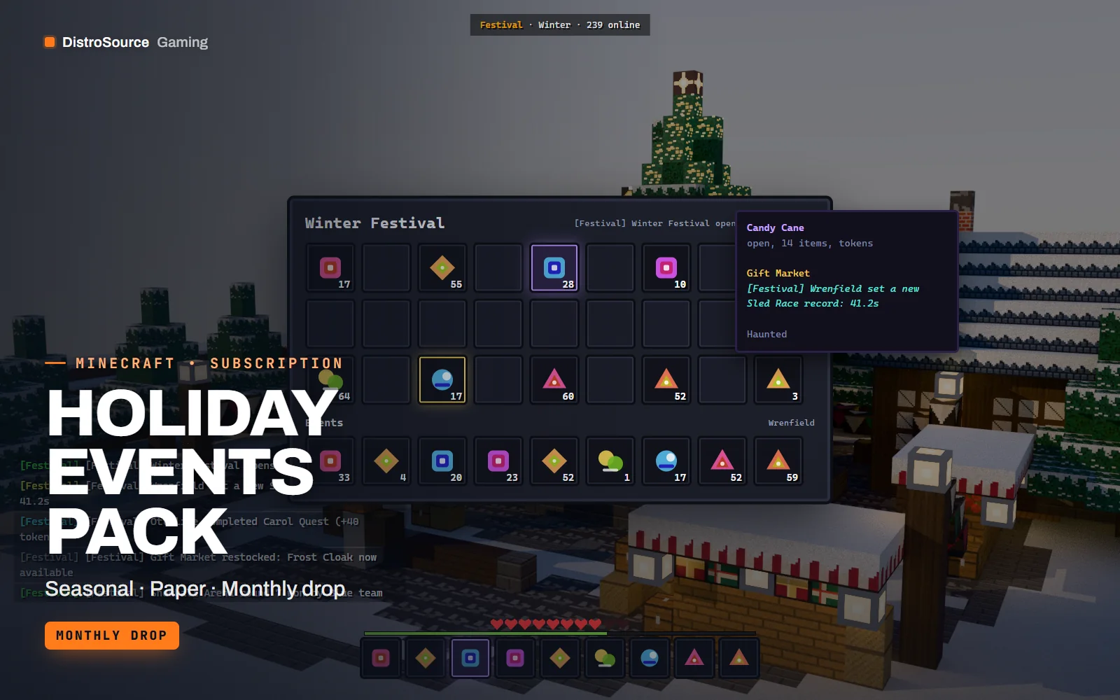 Minecraft chest-style event menu over a snowy village at dusk, listing the winter festival activities with a countdown, token balance and a leaderboard entry per row