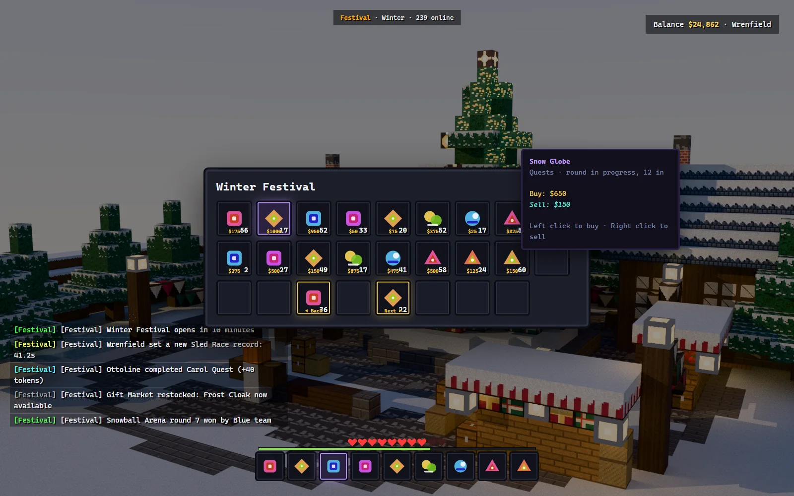 Chest-style gift market GUI with event tokens as the price under each item, showing decorations, cosmetics and a limited festival trophy