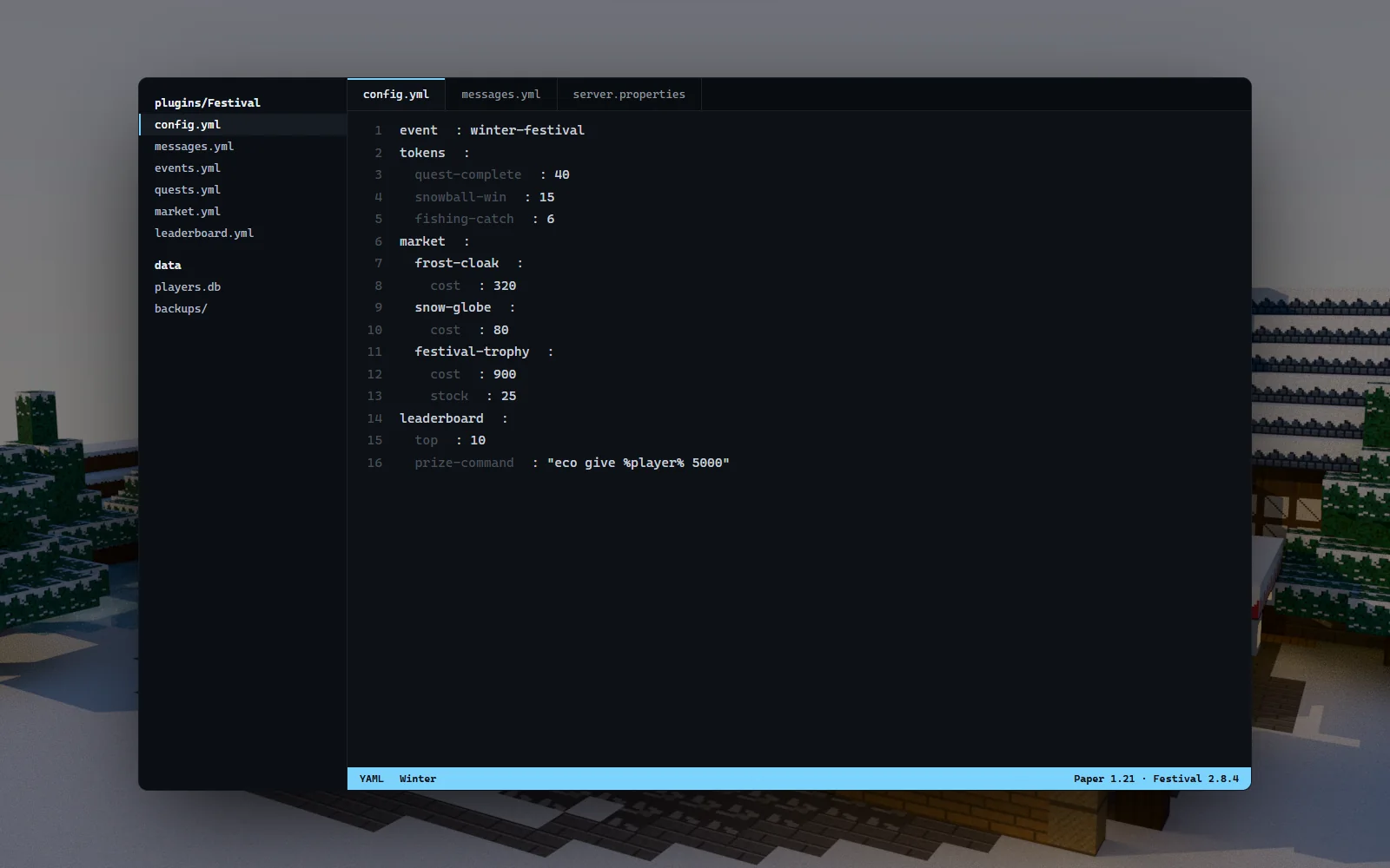 A rewards.yml file open in an editor over the snowy backdrop, with token rates, prize tables and quest text visible