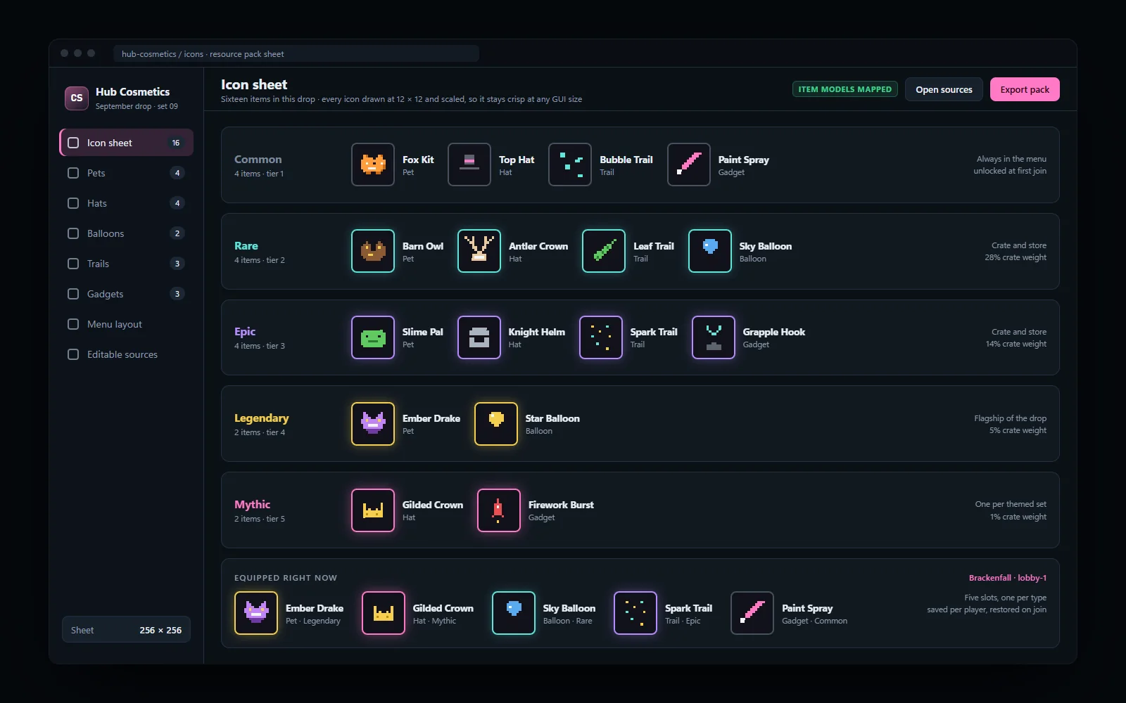Pixel icon sheet of pets, hats, balloons and gadgets grouped by rarity tier, with the equipped row