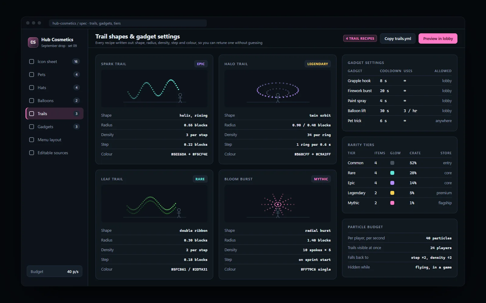 Particle trail shape diagrams with density and colour settings, cooldowns and the rarity and price table