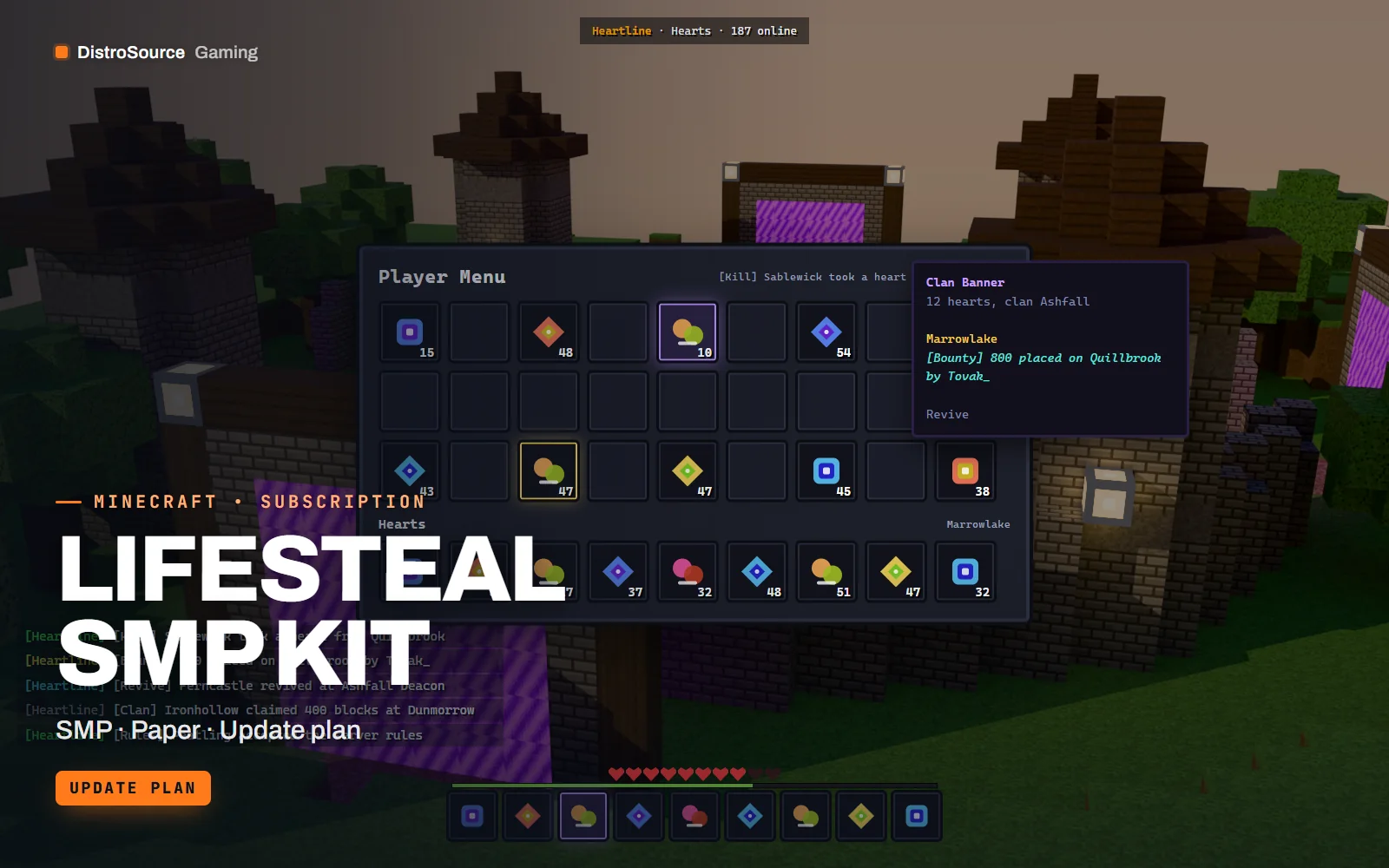 Chest-style rules and heart menu over a spawn build, showing heart count, clan name, bounty total and claim blocks for a player