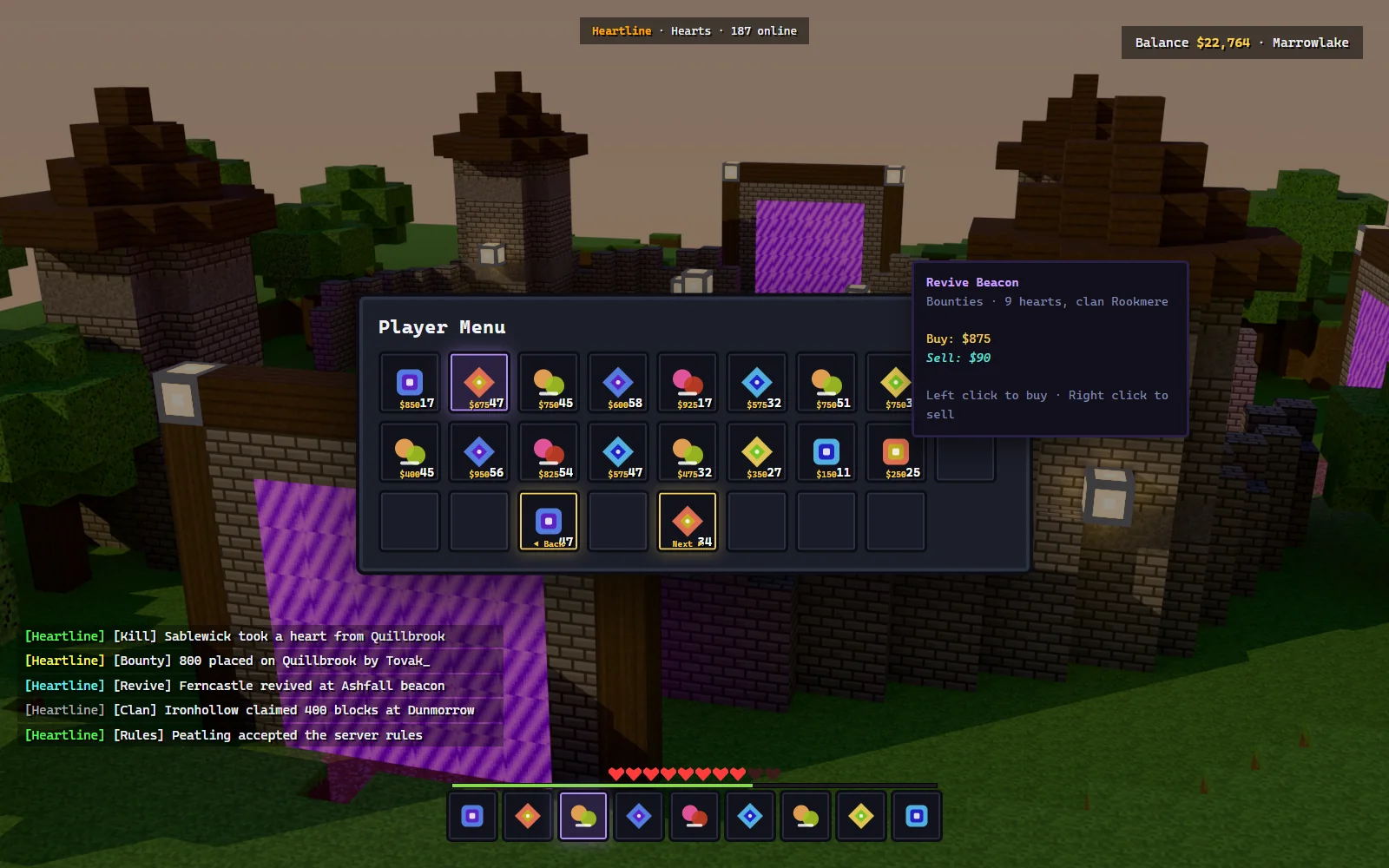 Bounty and heart shop GUI listing bounties on named players with currency prices and a craftable heart item slot