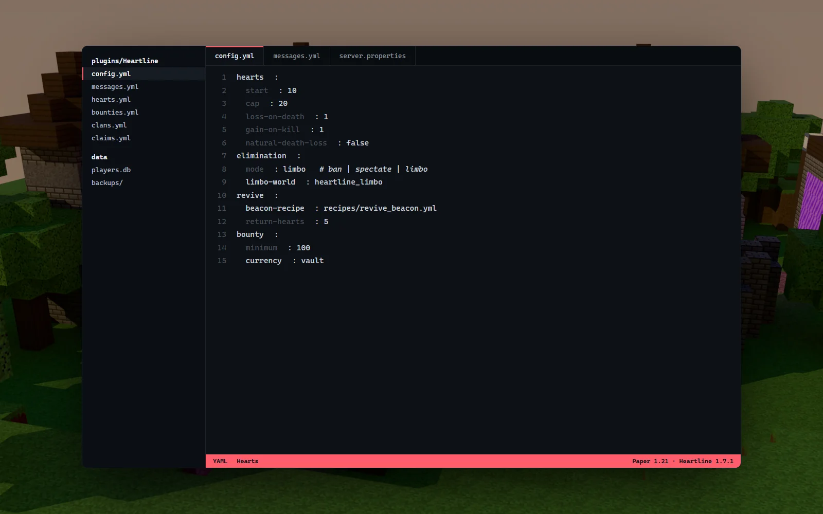 YAML configuration for heart rules, elimination mode and revive beacon recipe shown in an editor over the spawn backdrop