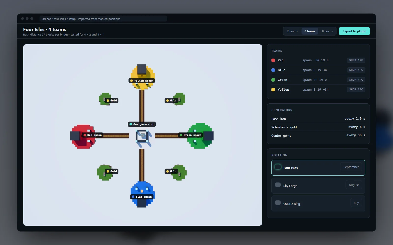 Arena setup screen with team spawns, generators and rotation